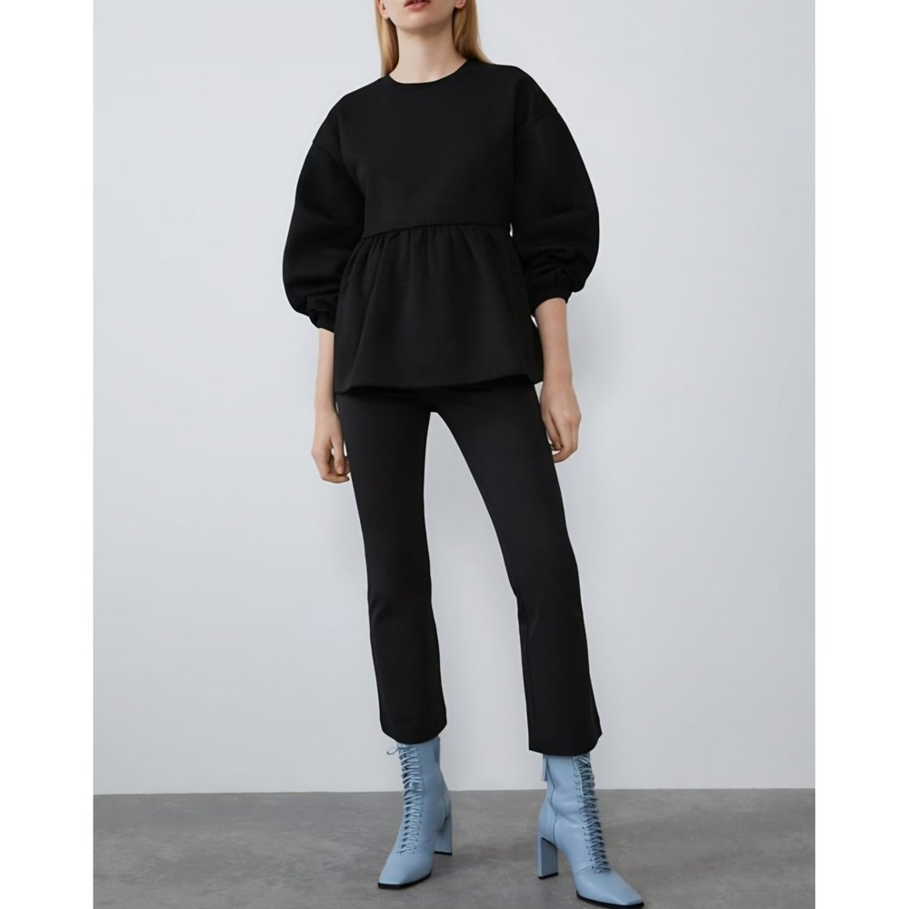 Zara Black Peplum Sweatshirt Fleece Lined Puff Sleeve Top Medium 1660/853/800/M